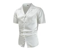 RLEHJN Mens Formal Shirts Short Sleeve, Dress Shirts for Men UK Plain Shiny Party Fancy Casual Shirt Regular Fit Wedding Work Shirt Lapel Collar Button Down Tops Clearance S-XXL White