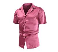 RLEHJN Mens Formal Shirts Short Sleeve, Dress Shirts for Men UK Plain Shiny Party Fancy Casual Shirt Regular Fit Wedding Work Shirt Lapel Collar Button Down Tops Clearance S-XXL Wine