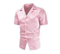 RLEHJN Mens Formal Shirts Short Sleeve, Dress Shirts for Men UK Plain Shiny Party Fancy Casual Shirt Regular Fit Wedding Work Shirt Lapel Collar Button Down Tops Clearance S-XXL Pink