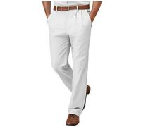 RLEHJN Mens Formal Trousers Cotton Linen Casual Business Office Smart Dress Pants Lightweight Comfortable Casual Chinos Trousers Solid Color Straight Leg Full Length Bottoms with Pockets S-3XL White