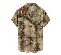 RLEHJN Mens Hawaiian Shirts UK Clearance Ocean Afric South America World Map Printed Summer Shirts Button Down Holiday Beach Shirts Regular Fit Casual Short Sleeve Tops with Chest Pocket