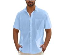 RLEHJN Mens Linen Shirts Short Sleeve My Orders Solid Color Button Down Beach Causual Cotton Shirts with Front Pocket Summer Hawaiian Holiday Tops Regular Fit Short Sleeved Shirt Men Adult Sky Blue