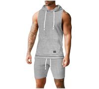 RLEHJN Mens Shorts and Hooded Vest Sets Summer Tracksuits Casual Sweatsuits Co Ord Sets Color Block Tank Tops with Hood & Shorts with Pockets 2-Piece Set Sportswear for Running Athletic Exercise