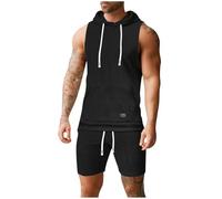 RLEHJN Mens Shorts and Hooded Vest Sets Summer Tracksuits Casual Sweatsuits Co Ord Sets Color Block Tank Tops with Hood & Shorts with Pockets 2-Piece Set Sportswear for Running Athletic Exercise