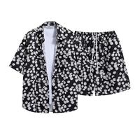 RLEHJN Mens Shorts and Shirt Sets Summer Button Down Casual Hawaiian Floral Printed Co Ord Sets Button Down Short Sleeve Shirts & Elasticated Waist Shorts 2-Piece Set for Beach Holiday