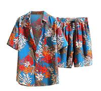 RLEHJN Mens Shorts and Shirt Sets Summer Short Tracksuits Casual Sweatsuits Hawaiian Floral Printed Co Ord Sets Short Sleeve Shirts & Shorts 2-Piece Set Sportswear for Running Athletic Exercise M-5XL