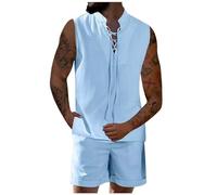 RLEHJN Mens Shorts and Vest Sets Summer Plain Tracksuits Casual Sweatsuits Solid Color Co Ord Sets Lace Up V Neck Tank Tops & Shorts with Pockets 2-Piece Set Sportswear for Running Athletic Exercise