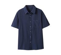 RLEHJN Mens Summer Shirts Short Sleeve Solid Color Regular Fit Holiday Casual Shirt with Pocket Button Down Turn-Down Collar Summer Tops Breathable Short Sleeved Shirts for Men Adult M-5XL Navy