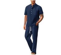 RLEHJN Mens Tracksuit Set Linen 2 Piece Short Sleeve Henley Neck Shirts and Trousers with Pockets Tracksuit Jogging Bottoms Loungewear Sets Sports Track Suit Gym Casual Exercise Running S-3XL