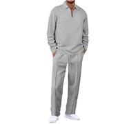 RLEHJN Mens Tracksuit Set Waffle 2 Piece Long Sleeve 1/4 Zip Polos Shirts and Trousers with Pockets Tracksuit Jogging Bottoms Loungewear Sets Sports Track Suit Gym Casual Exercise Running