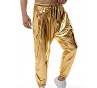 RLEHJN Mens Trousers UK Sale Clearance Casual Trousers Slim Fit Jogging Bottoms Drawstring Elastic Waist Shiny Metallic Trousers with Pockets Sweatpants for Running Workout Gym Party Pants Gold