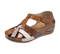 RLEHJN Orthopedic Sandals Women Plus Size Soft Sole Closed Toe Walking Sandals Breathable Vintage Easy Fasten Sports Sandal Comfortable Summer Outdoor Beach Shoes for Hiking Trekking Size 3-7.5