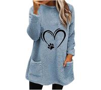 RLEHJN Oversized Sweatshirt Women UK, Ladies Fleece Tops Casual Teddy Plush Longline Sweatshirts Hearts Print Long Sleeve Cosy Tops Autumn/Winter Warm Round-Neck Pullover with Pockets Size 8-18