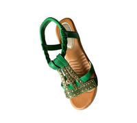 RLEHJN Sandals for Women UK Sale Clearance Summer Open Toe Sling Back Flat Sandals Bohemian Beaded Strap Sandals Diamante Rhinestone Leather Sandals Comfortable Roman Sandals Size 4.5-9.5
