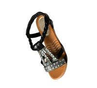 RLEHJN Sandals for Women UK Sale Clearance Summer Open Toe Sling Back Flat Sandals Bohemian Beaded Strap Sandals Diamante Rhinestone Leather Sandals Comfortable Roman Sandals Size 4.5-9.5