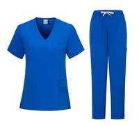 RLEHJN Scrubs Uniforms Women Set V Neck Short Sleeve Tunic Scrub Tops and Trousers with Pockets Two Piece Outfit Nursing Work Suits Clothing Nurse Workwear for Beauty Center Cosmetology SPA Size 8-16
