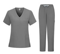 RLEHJN Scrubs Uniforms Women Set V Neck Short Sleeve Tunic Scrub Tops and Trousers with Pockets Two Piece Outfit Nursing Work Suits Clothing Nurse Workwear for Beauty Center Cosmetology SPA Size 8-16