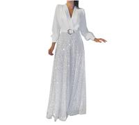 RLEHJN Sequin Jumpsuit for Women UK Sale Clearance Casual Long Sleeve Belted Playsuits V Neck Overalls Loose Fit Wide Leg Dressy Pants One Piece Outfits Romper for Party Black and White