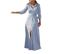 RLEHJN Shirt Dresses for Women UK Clearance Ladies Dresses Striped/Solid Color Casual Dress Buttons Long Dresses Long Sleeve Maxi Dress Turn-Down Collar A-Line Dress Shift Dress