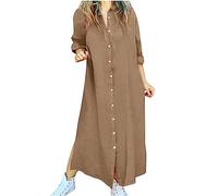 RLEHJN Shirt Dresses for Women UK Sale Clearance Ladies Dresses Striped/Solid Color Casual Dress Buttons Long Dresses Long Sleeve Maxi Dress Turn-Down Collar A-Line Dress Shift Dress