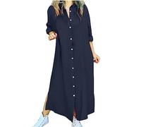 RLEHJN Shirt Dresses for Women UK Sale Clearance Ladies Dresses Striped/Solid Color Casual Dress Buttons Long Dresses Long Sleeve Maxi Dress Turn-Down Collar A-Line Dress Shift Dress