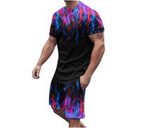 RLEHJN Shorts and T Shirt Set Men Sport Summer Tracksuits Casual Co Ord Sets 3D Flame Printed Tshirts & Shorts with Pockets Hawaiian Two Piece Set Sportswear for Running Athletic Exercise M-5XL