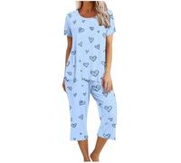 RLEHJN Shorts and Top Set Women Summer Pyjamas Set Matching Two Piece Outfit Co Ord Set Hearts Printed Crew Neck T-Shirts Tops & Quarter Length Trousers Pjs Sleepwear Lounge Wear Sets Size 8-18