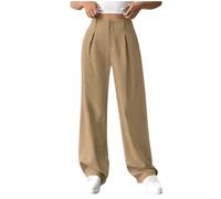 RLEHJN Smart Trousers for Women UK Solid Color Spring Summer Trousers with Pockets Office Smart Suit Pants Casual Pleated Pants Straight Leg Full Length Bottoms Warehouse Deals Clearance Khaki