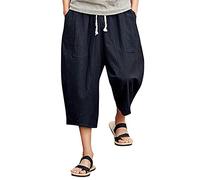 RLEHJN Three Quarter Length Trousers Men UK Sale Clearance Linen Trousers Harem Pants Mens Summer Wide Leg Cotton Linen Trousers Solid Color Drawstring Baggy Pants with Pockets Black