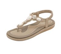 RLEHJN Toe Post Sandals Women UK, Ladies Walking Sandals Comfortable Bohemian Beaded Thong Flat Sandals with Elasticated Slingback Strap Summer Shoes Footwear Leather Flip Flops Warehouse Clearance