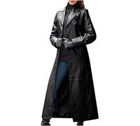 RLEHJN Trench Coats for Women Long Warm Faux Leather Jacket Button Down Solid Color Longline Windbreaker Full Length Overcoat Lapel Collar Slim Fit Maxi Outerwear Plus Size 8-22