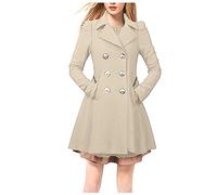 RLEHJN Trench Coats for Women UK Clearance Long Coat Ladies Jackets Double Breasted Overcoat Solid Color Oversized Peacoat Long Sleeve V Neck Woolen Outerwear Lapel Collar A-Line Short Dress