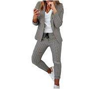 RLEHJN Trouser Suits for Women UK Elegant 2 Piece Outfits Smart Lattice Sets Plaid Checked Blazer Jackets with Long Pants Ladies Blazer Suit Set for Going Out Wedding Special Occasions Casual Suit