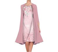 RLEHJN Two Piece Dress Outfit Women Floral Printed Elegant Dress Suits Mother of The Bride Sets Chiffon Dress with Cardigans Going Out Tunic Dress Suits Partywear Wedding Guest Evening Outfit