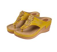 RLEHJN Wedge Flip Flops Women UK Sale Clearance Orthopedic Sandals & Slides Non-Slip Beach Shoes Flowers Toe Post Slippers Wide Fit Platform Walking Sandals Ladies Summer Shoes for Indoor and Outdoor