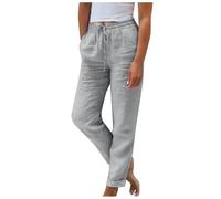 RLEHJN White Black Linen Trousers Womens, Ladies Summer Trousers Elasticated Waist Cotton Linen Trousers Solid Color Lounge Pants Plain Straight Leg Pants Casual Tracksuit Bottoms with Pockets
