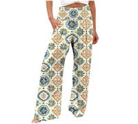 RLEHJN Wide Leg Trousers for Women UK Clearance, Ladies Summer Trousers Elasticated Waist Vintage Floral Printed Loose Palazzo Pants Baggy Casual Full Length Bottoms for Spring Summer