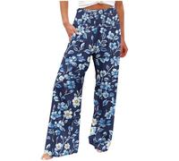 RLEHJN Wide Leg Trousers for Women UK Clearance, Ladies Summer Trousers Elasticated Waist Vintage Floral Printed Loose Palazzo Pants Baggy Casual Full Length Bottoms for Spring Summer