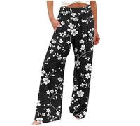 RLEHJN Wide Leg Trousers for Women UK Sale Clearance, Ladies Summer Trousers Elasticated Waist Vintage Floral Printed Loose Palazzo Pants Baggy Casual Full Length Bottoms for Spring Summer