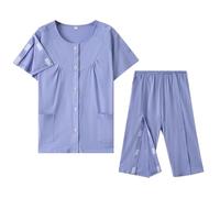 RLEHJN Womens Button Down Patient Gowns, Post-Op Nursing Gowns, Cotton Patient Short Sleeve Tops and Three Quarter Length Trousers Pajamas Nursing Aid for Elderly, Disabled, Dialysis and Bedridde