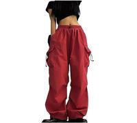 RLEHJN Womens Cargo Trousers UK Sale Clearance Vintage Elasticated Waist Wide Leg Trousers High Waist Hiking Walking Combat Pants with Multi Pockets Casual Work Pants Loose Fit Pants Streetwear Red