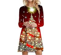 RLEHJN Womens Christmas Dress UK Clearance Xmas Dresses Christmas Tree Print Baggy Midi Dress Ladies Longline Sweatshirt Round Neck Long Sleeve Dress Plus Size Pullover Dresses