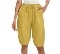 RLEHJN Women's Cotton Linen Shorts Elastic Waist Knee Length Summer Shorts Solid Color Casual Half Pants Comfortable Straight Leg High Waisted Short Pants with Pockets Beach Lounge Wear Yellow