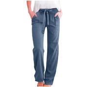 RLEHJN Womens Cotton Linen Trousers Elasticated Waist Summer Trousers with Pockets Solid Color Lounge Pants Loose Fit Yoga Pants Casual Straight Leg Full Length Bottoms Warehouse Deals Clearance Navy