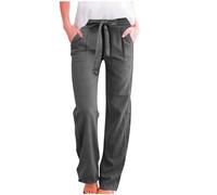 RLEHJN Womens Cotton Linen Trousers Elasticated Waist Summer Trousers with Pockets Solid Color Lounge Pants Loose Fit Yoga Pants Casual Straight Leg Full Length Bottoms Warehouse Deals Clearance Gray