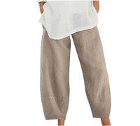 RLEHJN Womens Cotton Linen Trousers Elasticated Waist Summer Wide Leg Cropped Trousers with Pockets Plain High Waisted Lounge Pants Plain Loose Fit Yoga Pants Casual Bottoms S-5XL Beige
