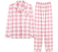 RLEHJN Women's Pyjama Set Checked Printed Long Sleeve Button Down Pyjamas Two Piece Comfy Sleepwear Nightwear Plaid PJ Set with Pockets Ladies Lounge Wear Sets Size 10 12