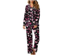 RLEHJN Women's Pyjama Set Hearts Printed Long Sleeve Button Down Pyjamas Two Piece Comfortable Sleepwear Nightwear PJ Set with Pockets Ladies Lounge Wear Sets for Valentine Day Size 8-18