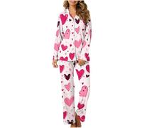 RLEHJN Women's Pyjama Set My Orders Hearts Printed Long Sleeve Button Down Pyjamas Two Piece Comfortable Sleepwear Nightwear PJ Set with Pockets Ladies Lounge Wear Sets Size 8-18