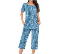RLEHJN Women's Pyjama Sets UK My Orders, Ladies Lounge Wear Sets Plain 2 Piece Outfits Pjs Floral Printed Short Sleeve Tops & Three Quarter Length Trousers Soft Nightwear Loose Sleepwear